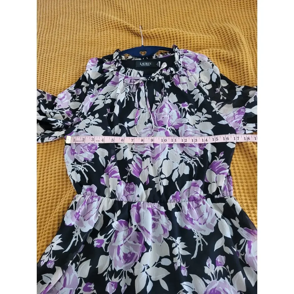Ralph Lauren Floral Crinkle Georgette Tie Black Lavender Sparkle Dress EUC 8 - Picture 4 of 8